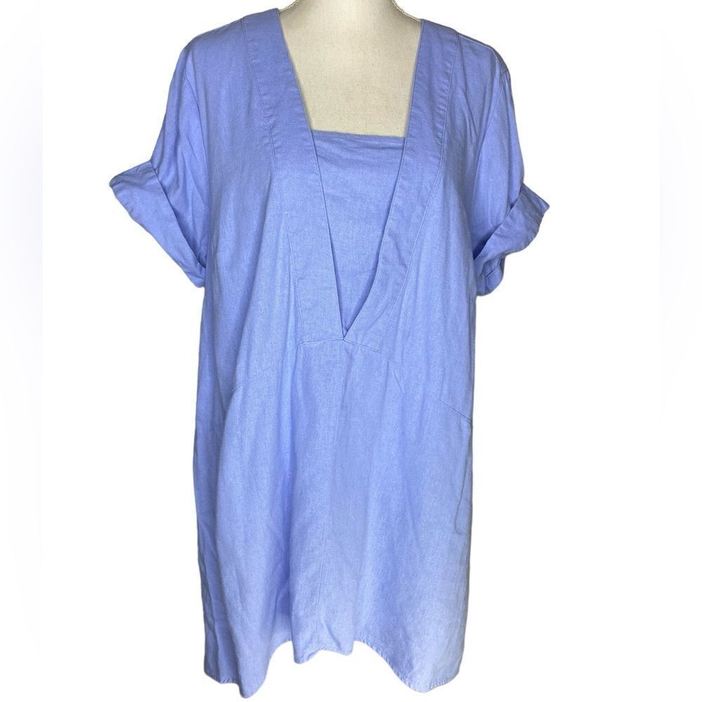 ELLOS Wm Plus Size Lrg Dusty Cornflower Blue Linen Blend Hanky Hem Tunic Blouse
